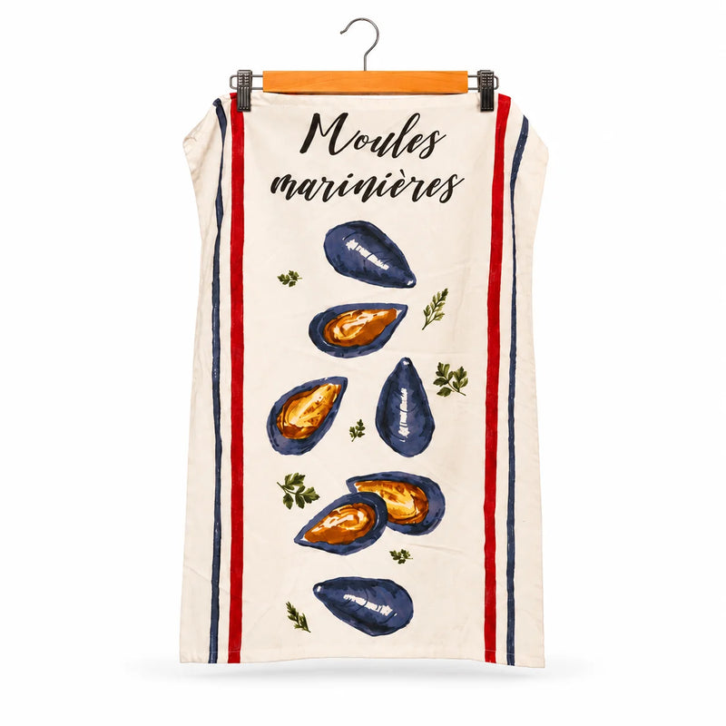 Torchon Sud Étoffe Moules marinières 50 × 70 cm sur cintre, fond blanc – L’Écailler de Stef