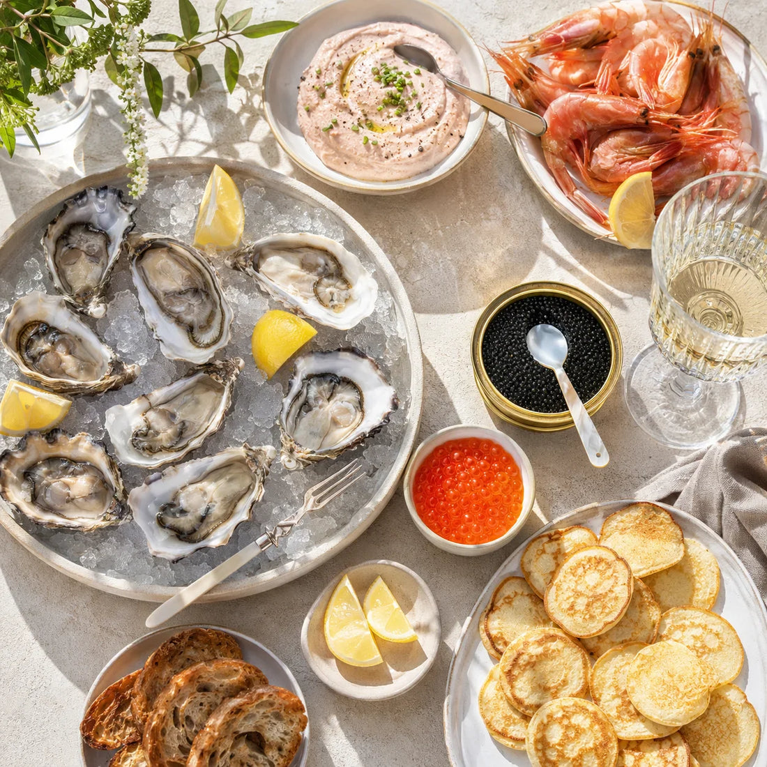 Table d’apéritif ensoleillée avec huîtres, crevettes roses, caviar, œufs de truite, tarama, blinis, citron et verre de vin blanc.