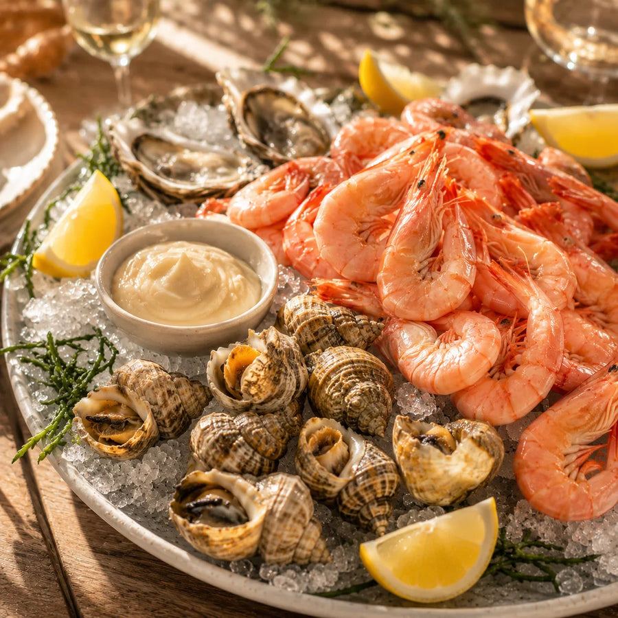 Plateau de fruits de mer sur glace avec crevettes roses, bulots, huîtres, citron et sauce maison, servi dans une lumière ensoleillée.