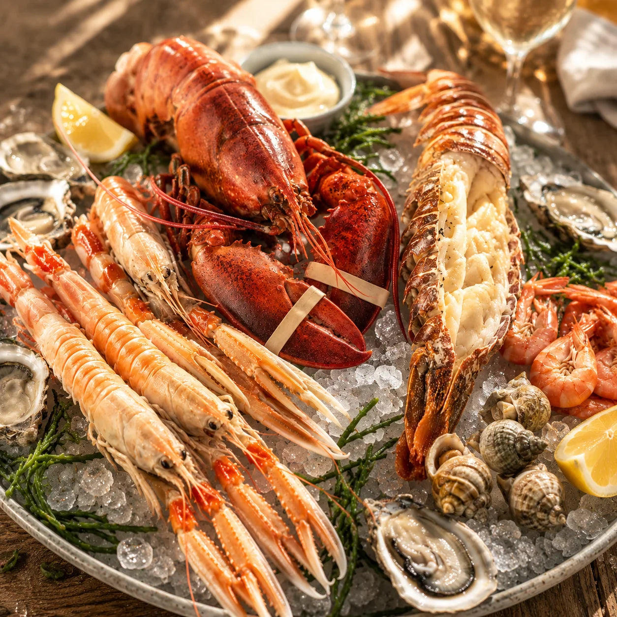Plateau de fruits de mer sur glace avec langoustines, homard, queue de langouste, huîtres, bulots, citron et sauce maison.