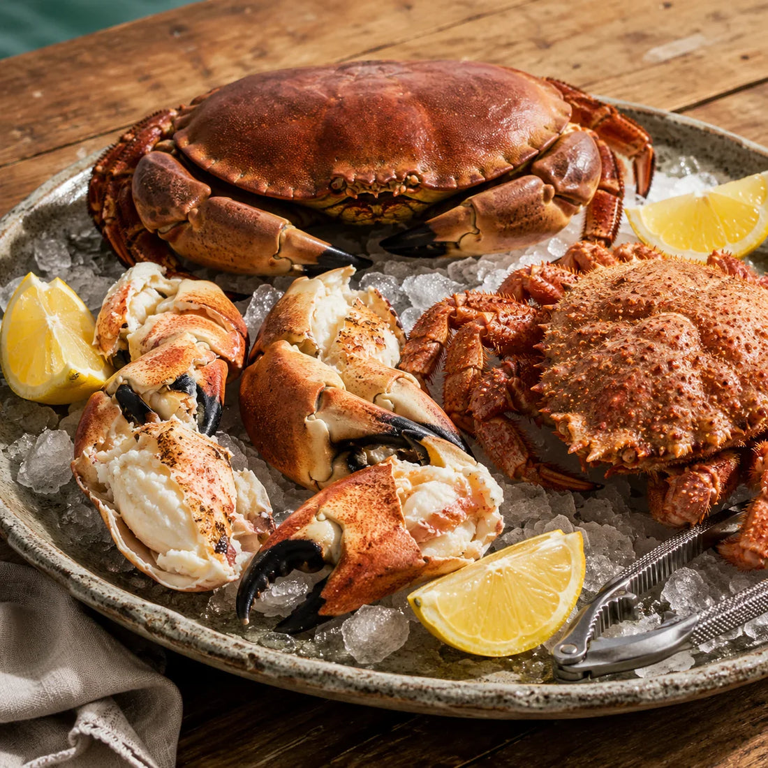 Plateau de crustacés sur glace avec tourteau entier, pinces de tourteau et araignée de mer, accompagné de quartiers de citron.