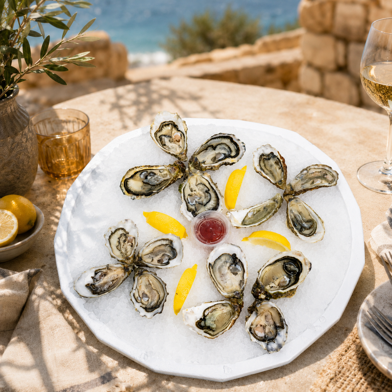 Plateau Le Tout Huîtres avec sélection d’huîtres fraîches sur glace, citron et sauce échalote, servi en terrasse méditerranéenne par L’Écailler de Stef