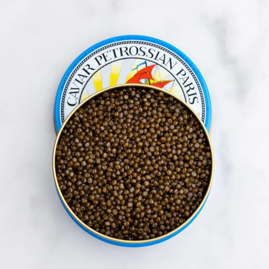 Boîte de caviar Petrossian Daurenki Tsar Impérial aux gros grains dorés et notes beurrées