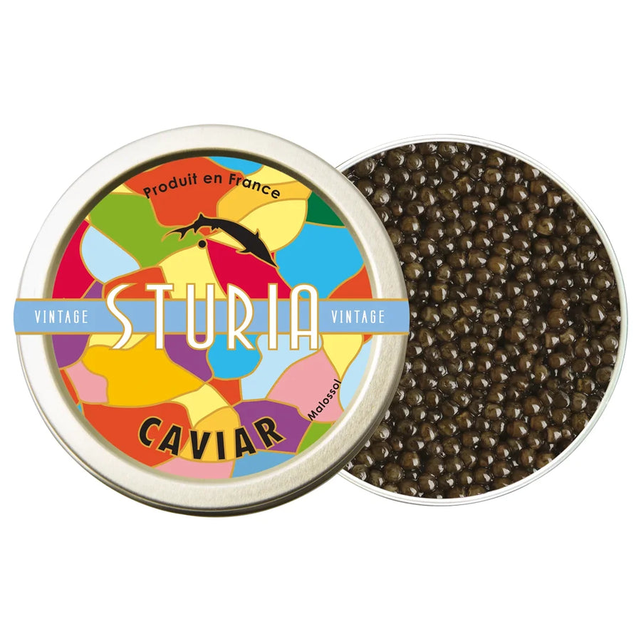 Boîte de caviar Sturia Vintage, caviar français affiné aux notes iodées, d’huître et d’olive noire