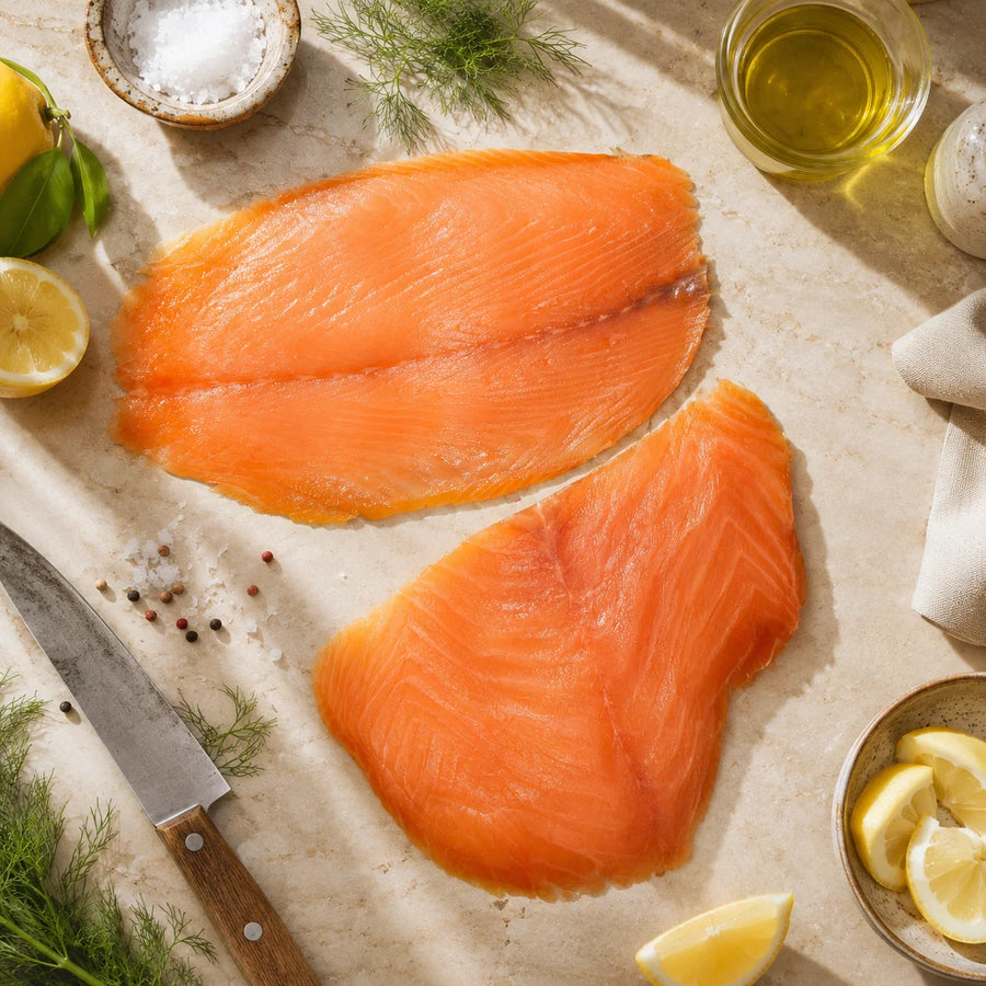 Filets de saumon frais préparés en cuisine avec citron, herbes, huile d’olive et sel, dans une ambiance méditerranéenne ensoleillée pour la collection La mer au kilo.