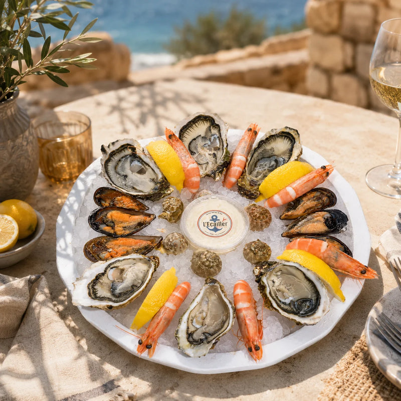 Plateau La Perle Océane avec huîtres de Bouzigues, crevettes, bulots cuits et moules crues, servi sur glace dans une ambiance ensoleillée de Provence.