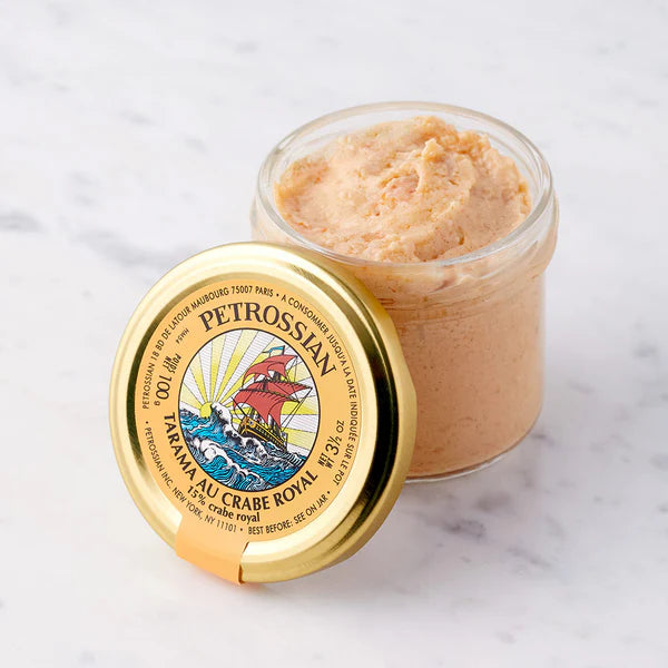 Pot ouvert de tarama au crabe royal Petrossian, texture onctueuse rose saumon, 100 g